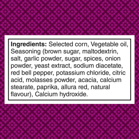 Ingredients list for Doritos Spicy Korean BBQ Tortilla Chips, 210g/7.4 oz on a purple background with a white border