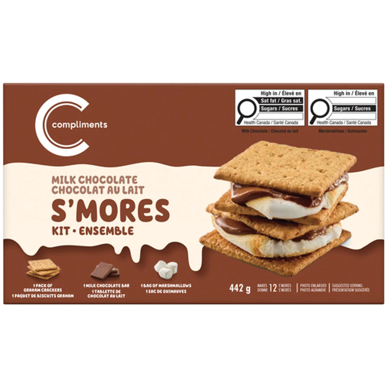 Compliments Milk Chocolate S'mores Kit, Makes 12 S'mores, 442g/15.9 oz - Front of Compliments S'mores Kit packaging with a stack of s'mores on a brown background