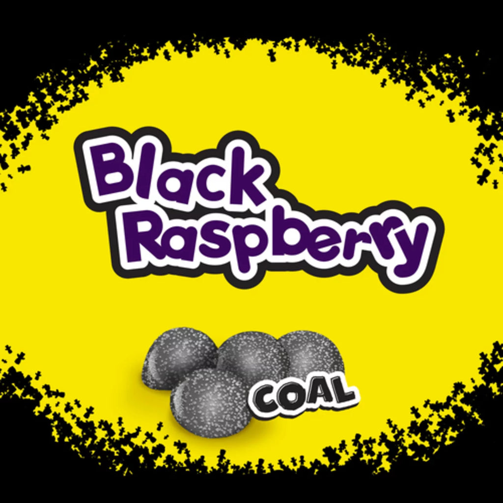 Black Raspberry Coal gummies on a yellow background with black text and design elements.