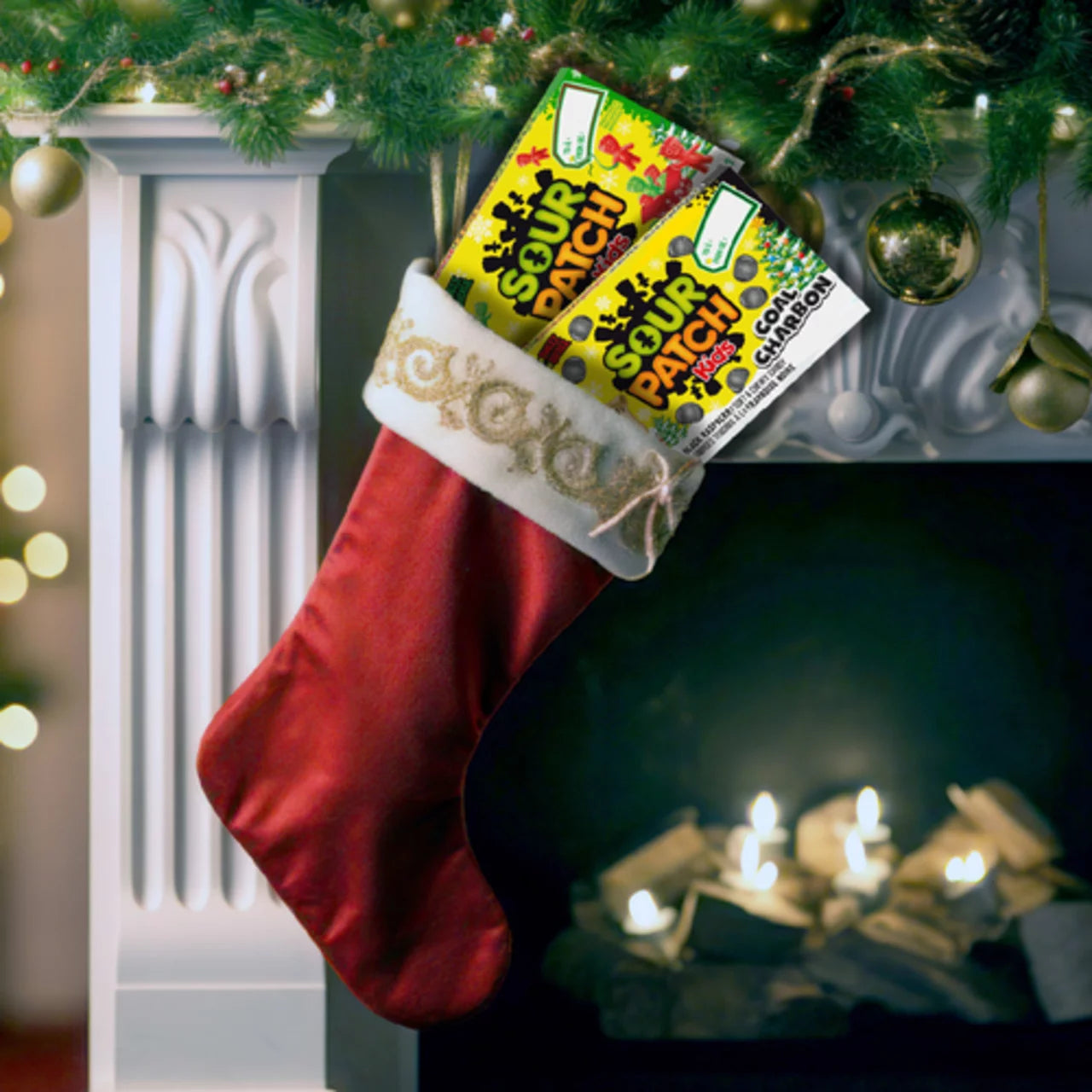 Red Christmas stocking with Sour Patch Kids candy against a festive background