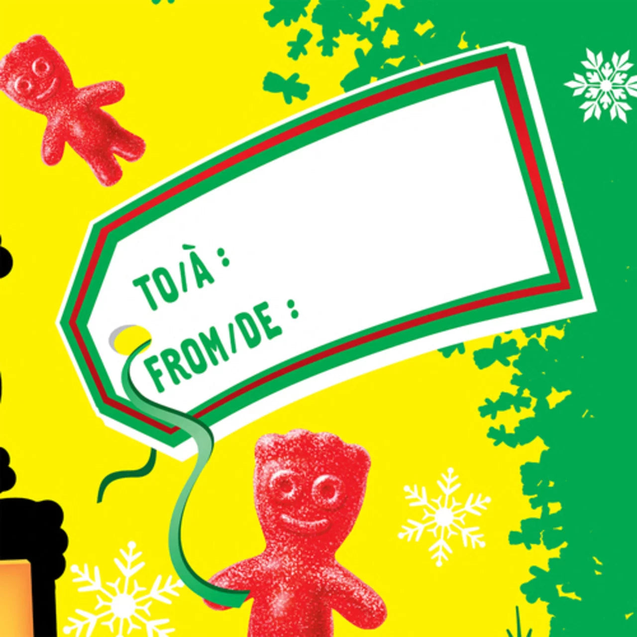 Red gummy kid with a 'To/A: From/De:' tag on a yellow background with snowflakes.