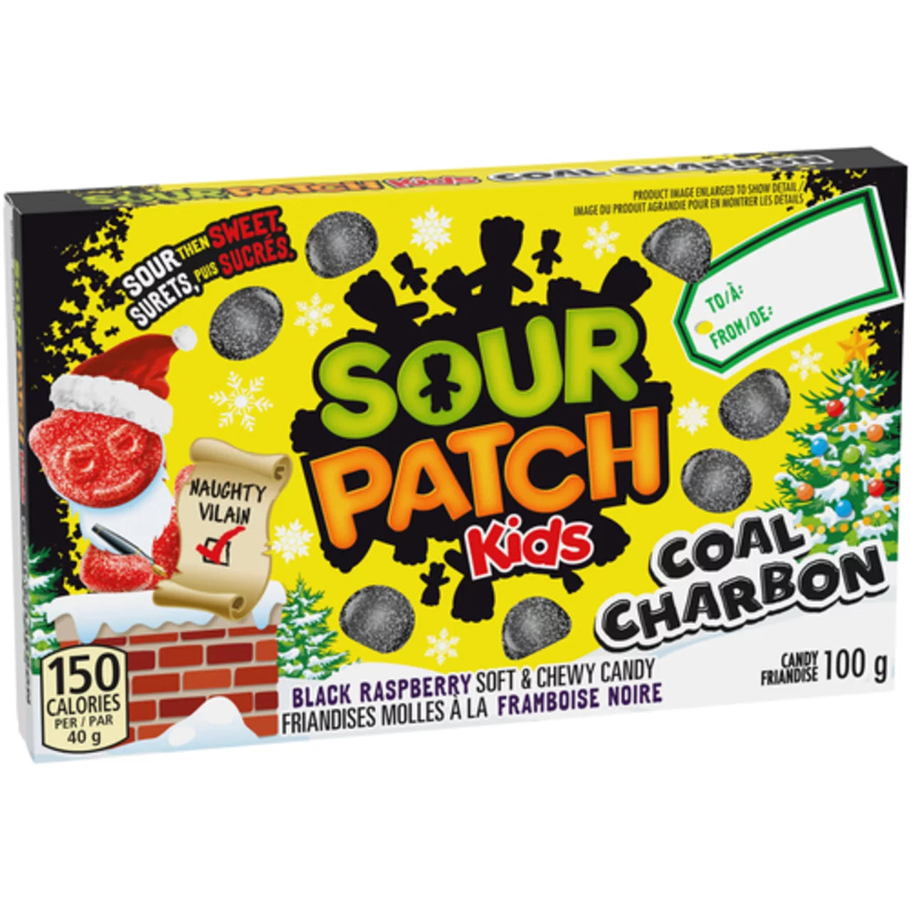 Sour Patch Kids Coal Charbon candy box with Christmas-themed graphics on a white background