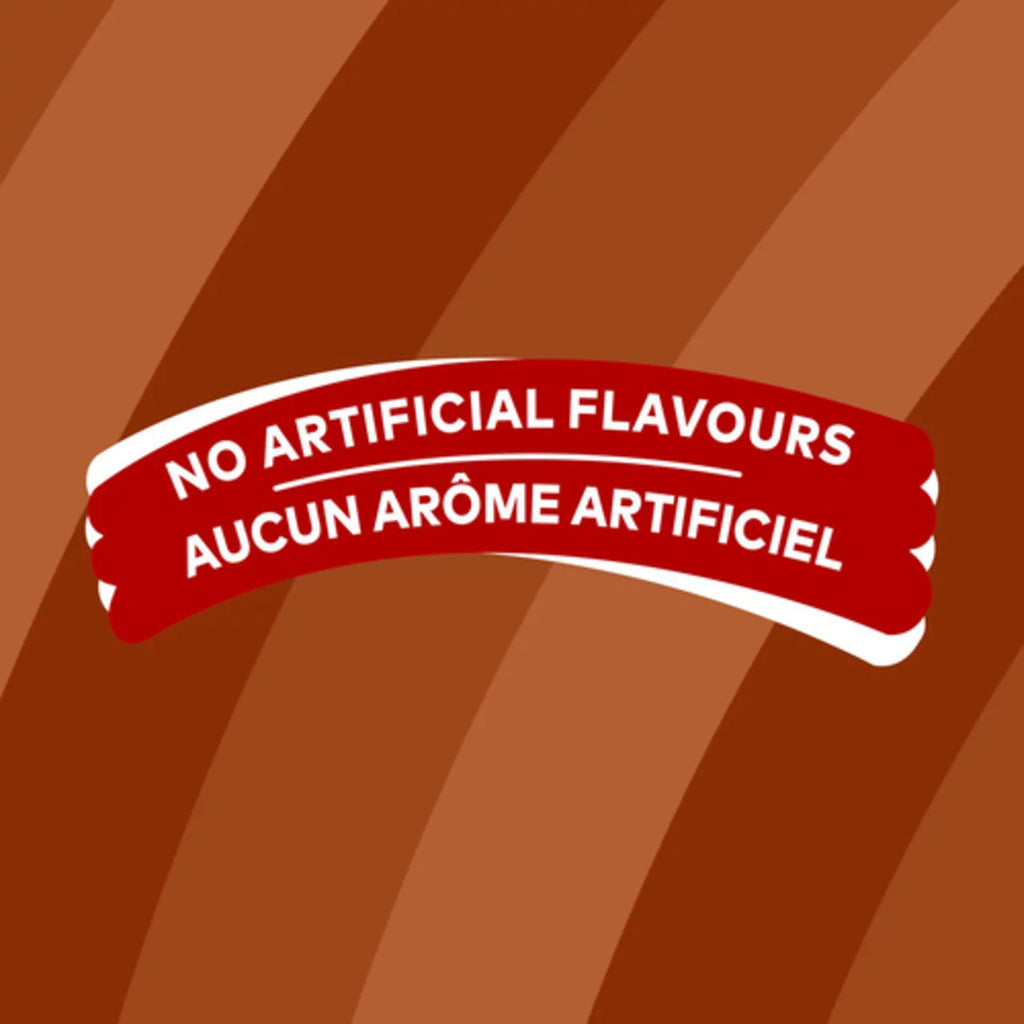 Red banner with 'No Artificial Flavours' text on a brown striped background