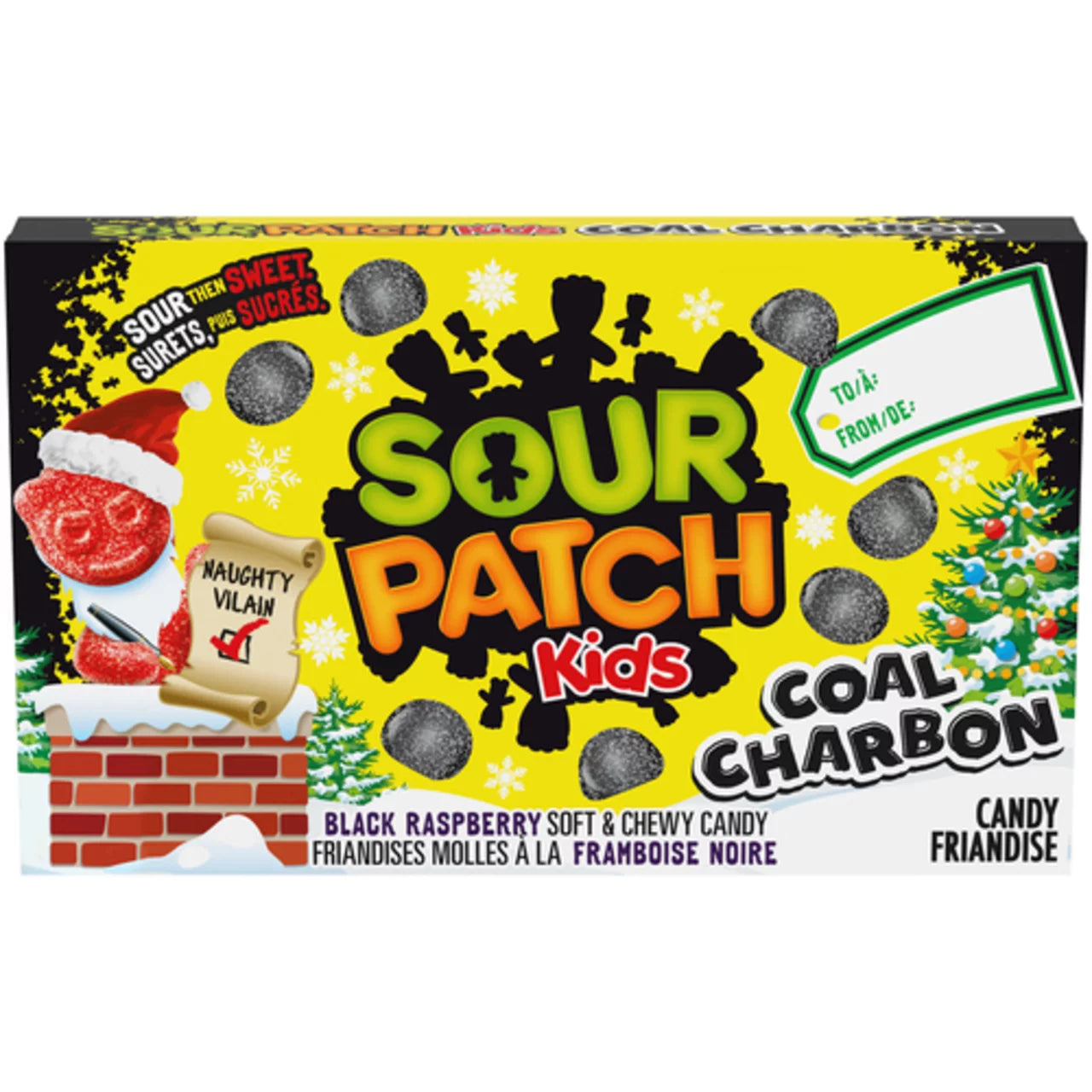 Sour Patch Kids Coal Charbon candy packaging with Christmas-themed graphics.