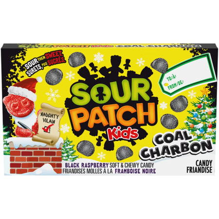 Sour Patch Kids Coal Charbon candy packaging with Christmas-themed graphics.