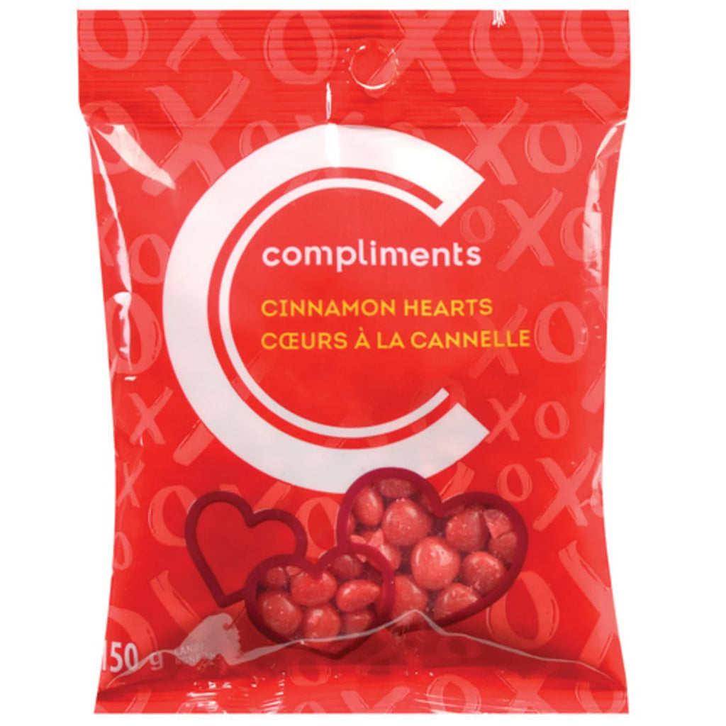 Compliments Valentine's Day Cinnamon Hearts Candy, 150g/5.3 oz - Front Of Bag