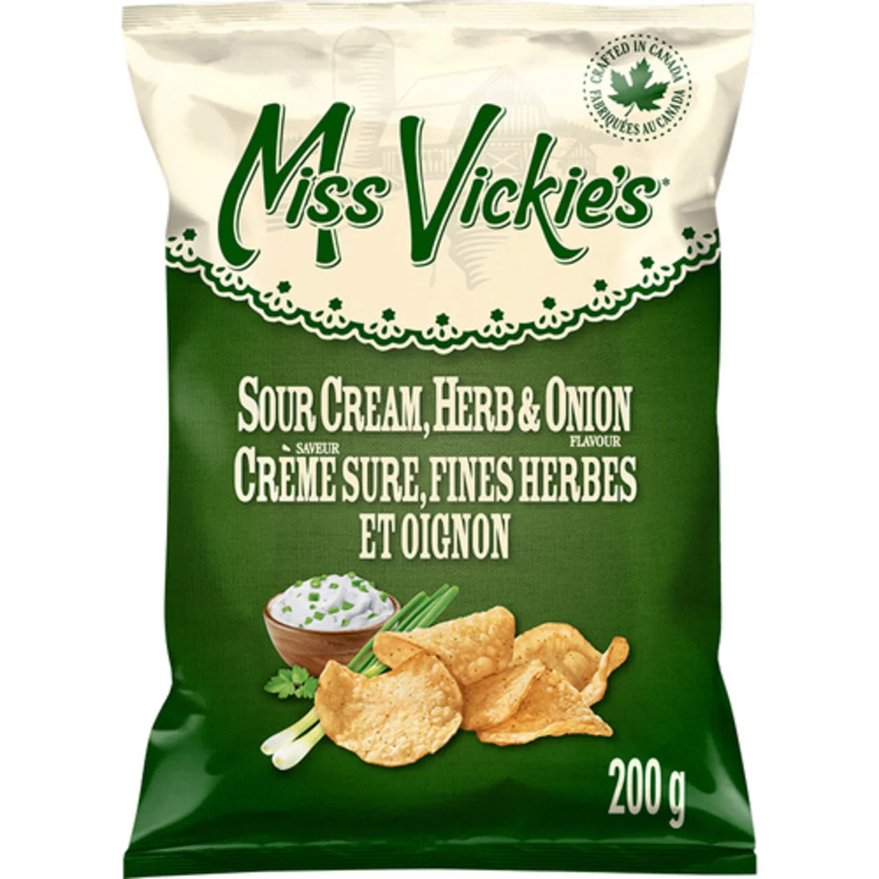 Miss Vickies Kettle Cooked Sour Cream, Herb & Onion Potato Chips, 200g, front of bag.
