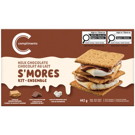 Compliments Milk Chocolate S'mores Kit, Makes 12 S'mores, 442g/15.9 oz - Front of Compliments S'mores kit packaging with a stack of s'mores on a brown background