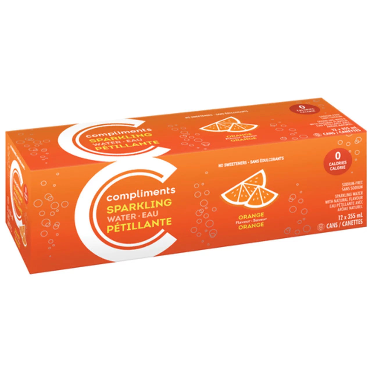 Box of Compliments sparkling water orange flavor on a white background