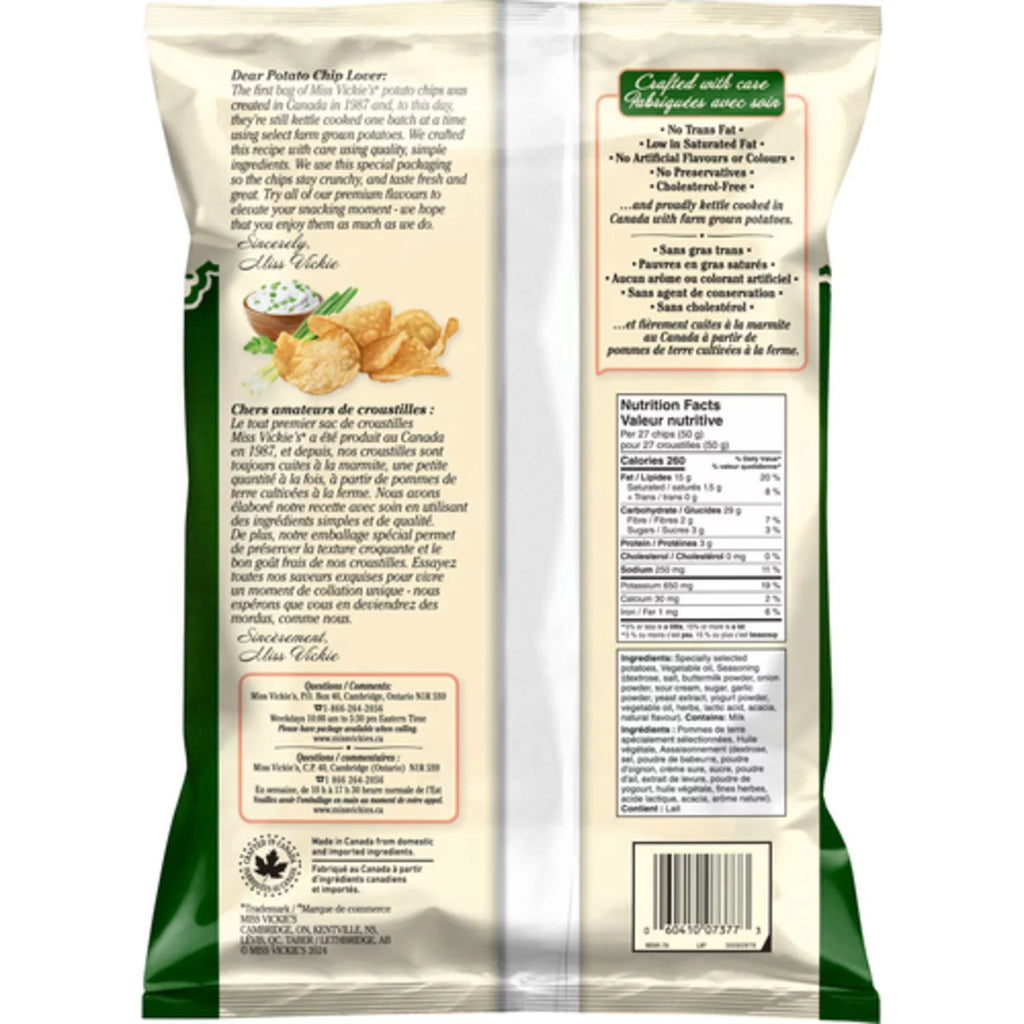 Miss Vickies Kettle Cooked Sour Cream, Herb & Onion Potato Chips, 200g, back of bag.