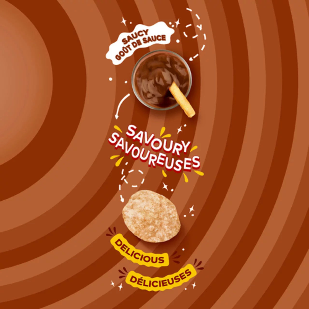 Illustration of a savoury snack with sauce on a brown circular background