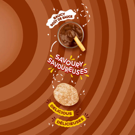 Illustration of a savoury snack with sauce on a brown circular background