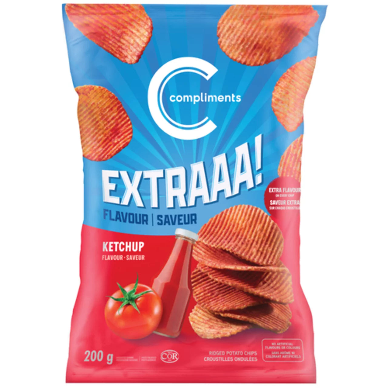 Compliments Extraaa Ketchup Flavor Ridged Potato Chips, 200g/7.1 oz., Bag, front of bag.