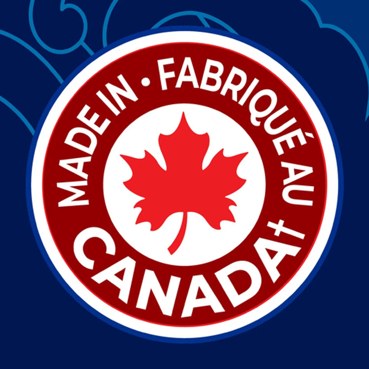 Made in Canada logo with red maple leaf and text on a blue background