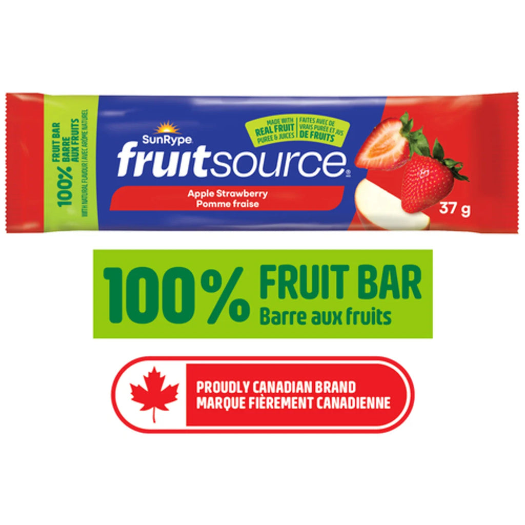 SunRype FruitSource 100% fruit bar packaging with strawberry and apple illustration on a white background