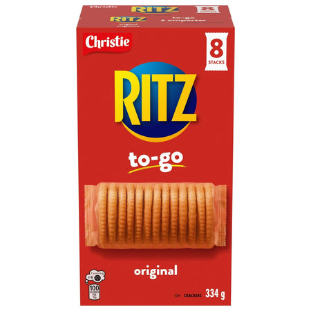 Box of Ritz crackers labeled 'to-go' with a red background