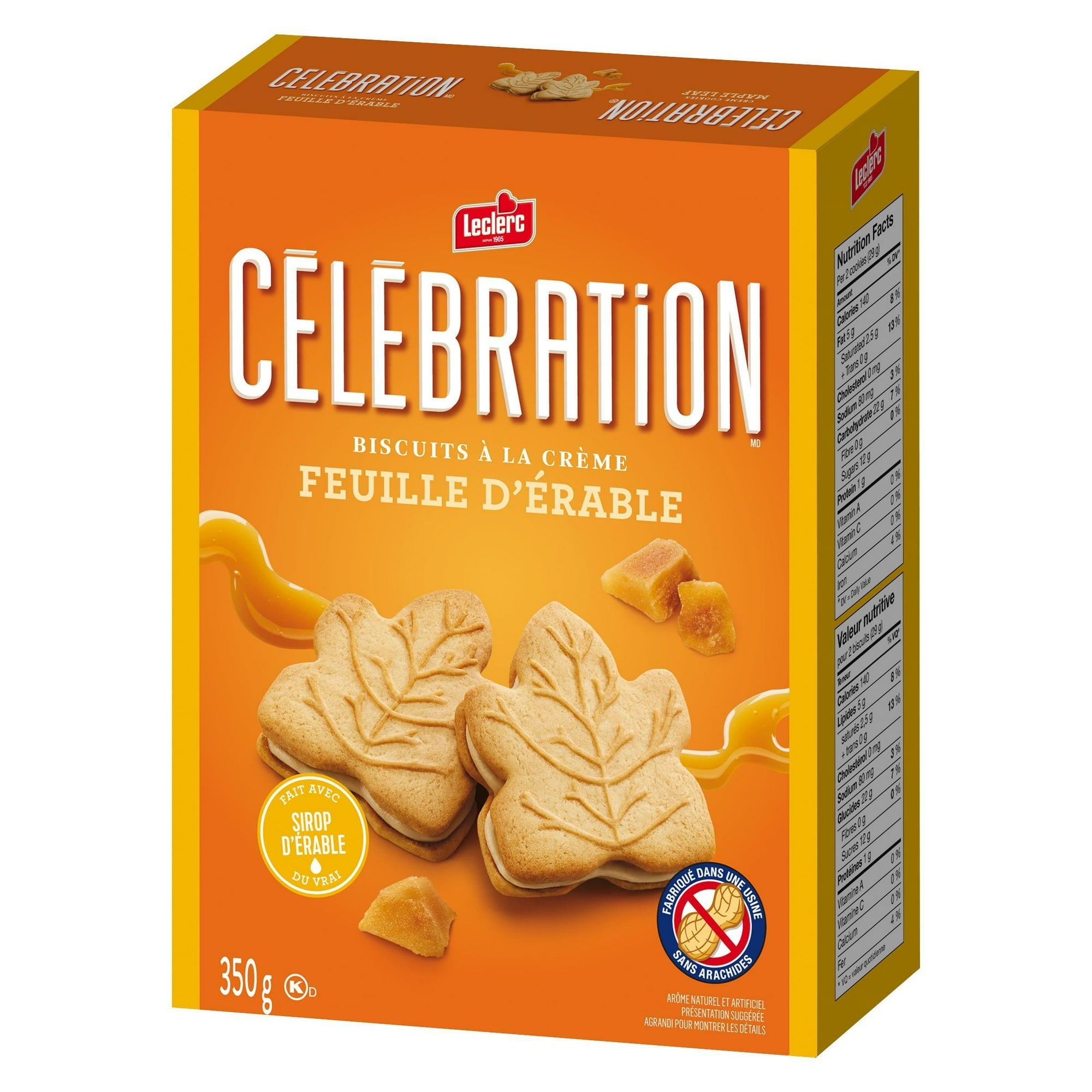 Box of Leclerc Celebration maple leaf cookies with orange background