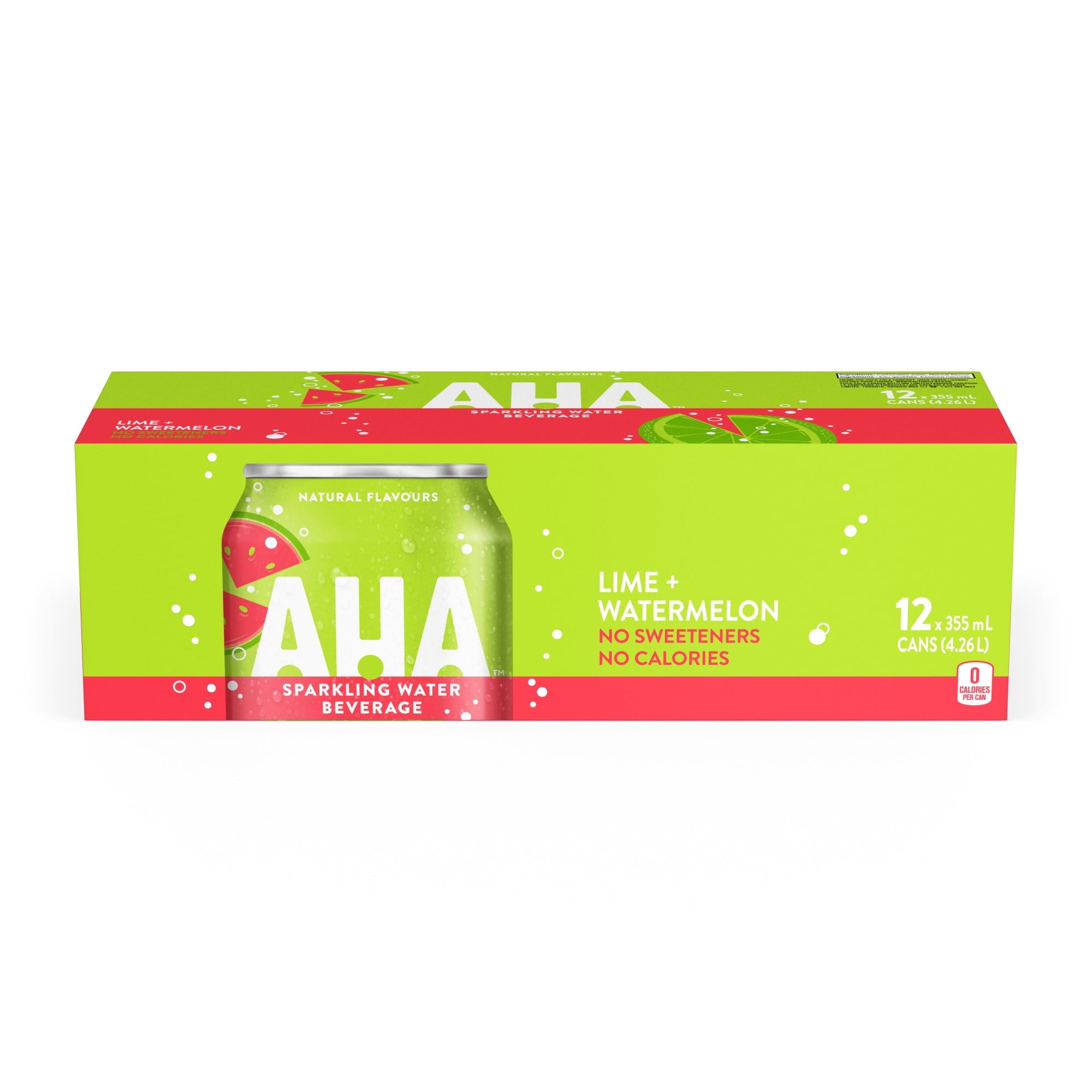 Box of AHA Lime + Watermelon sparkling water on a white background