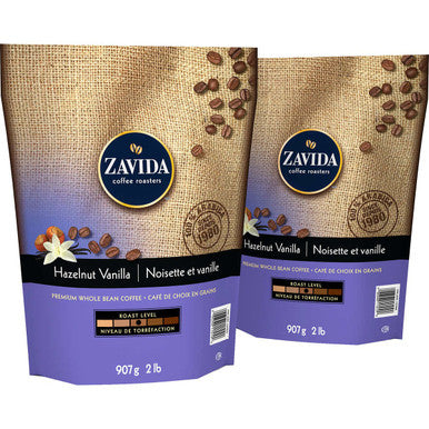 Zavida,  Hazelnut Vanilla Whole Bean Coffee,  2 x 907g/ 2 LB. Bags, {Imported from Canada}