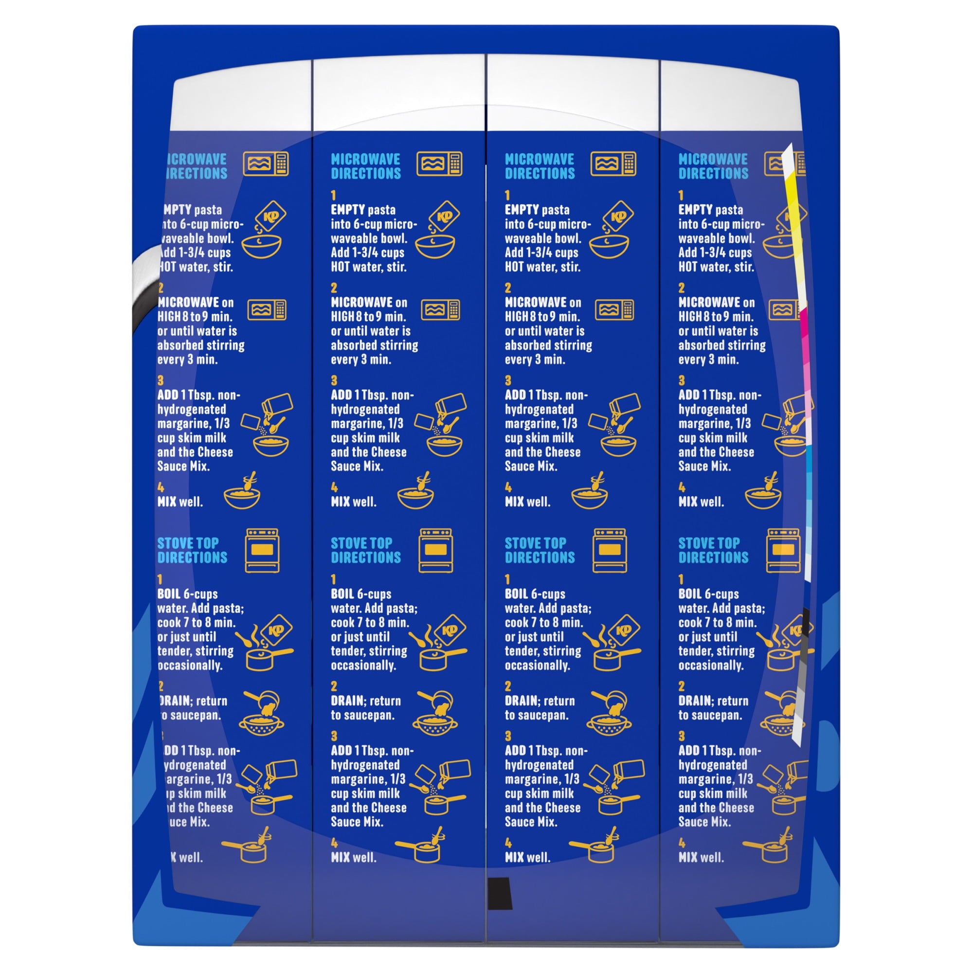Back of KD Kraft Macaroni & Cheese Dinner Original - 12x200g, 2400g/84.65 oz with microwave and stovetop directions.
