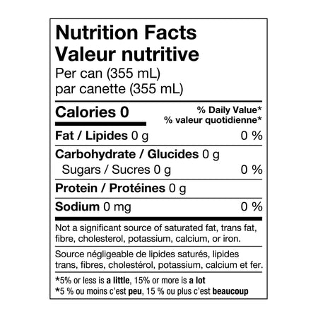 Nutrition facts label for Bubly Sparkling Water Variety Pack, grapefruit, raspberry, lime 24x355ml/8.52kg