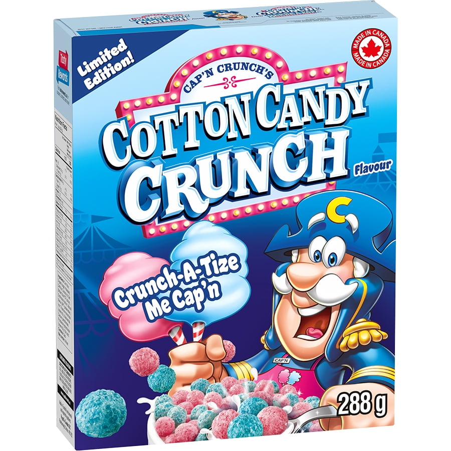 Box of Cap'n Crunch Cotton Candy Crunch Cereal, 288g/10.1 oz with a cartoon character on a blue background