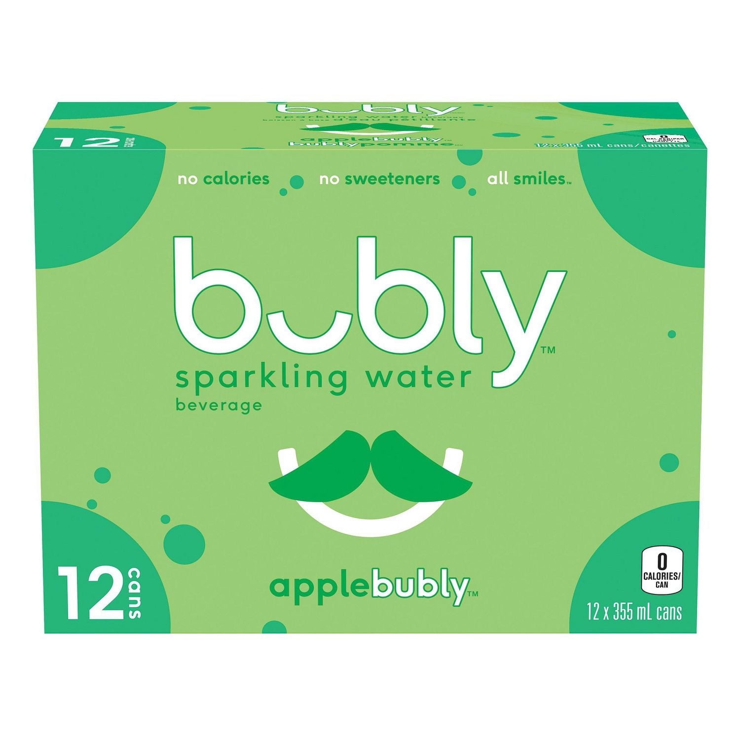 Front of Bubly Apple Sparkling Water Beverage, 12x355ml cans, 4.26L/144 oz