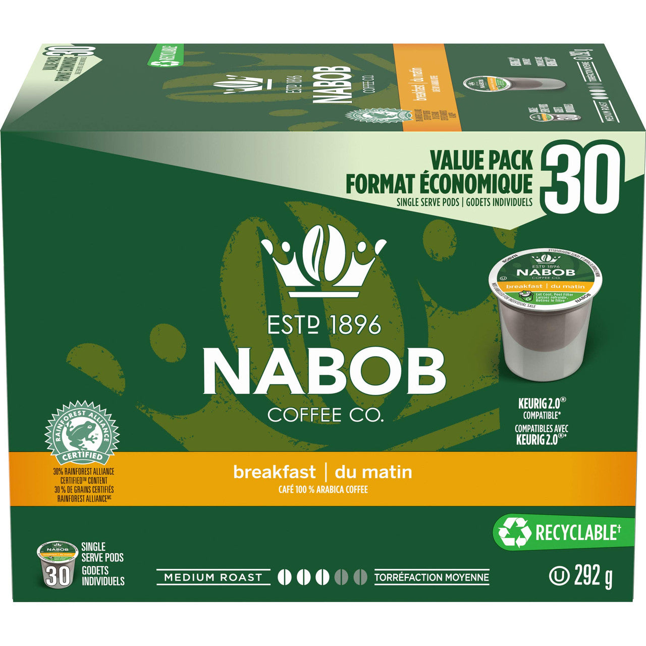 Nabob Breakfast Blend Coffee, medium roast, Single Serve K-Cup Pods for Keurig Brewers, 30 Count {Imported from Canada}