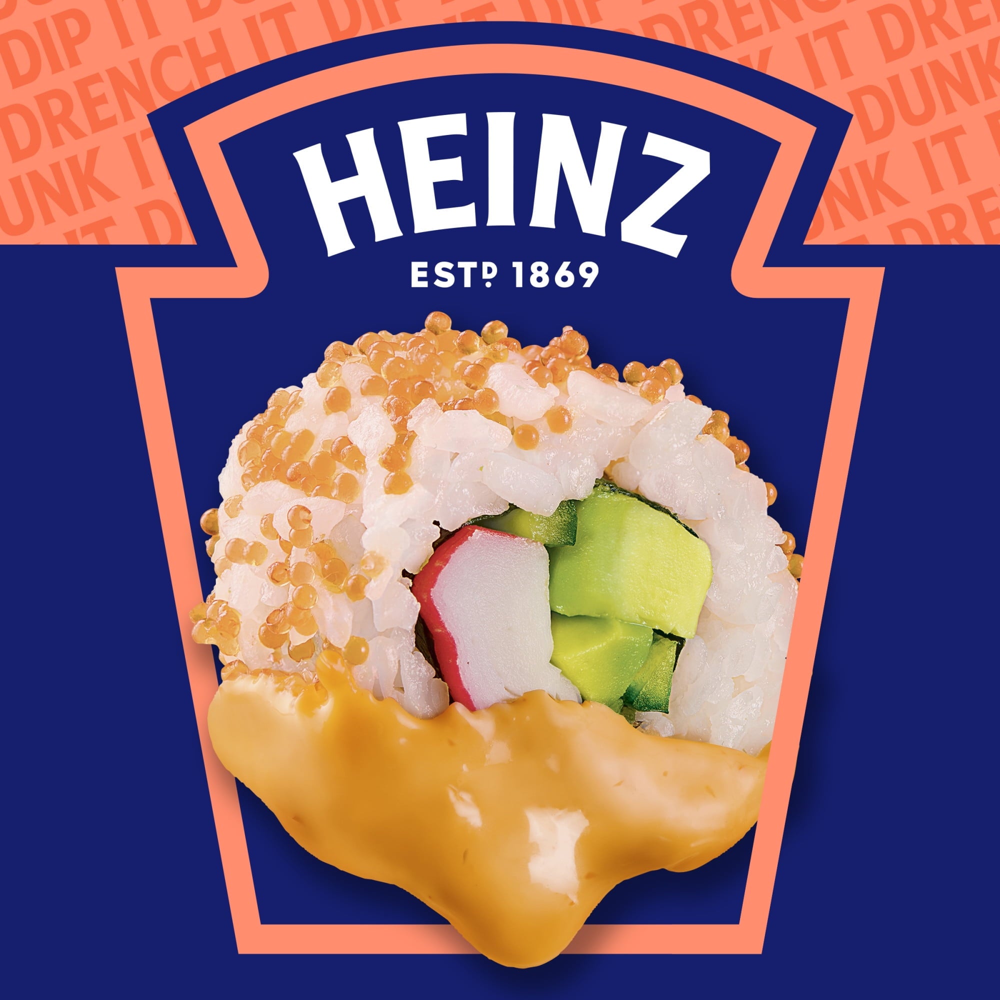 Sushi roll with avocado and crab on a blue background with Heinz logo.