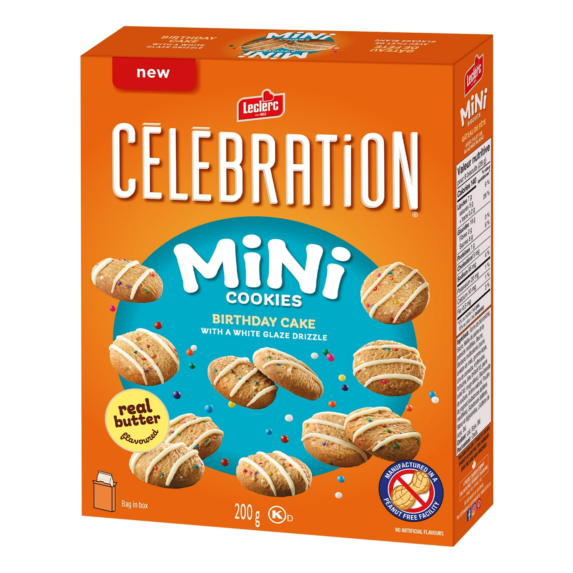 Box of Leclerc Celebration Mini Cookies Birthday Cake flavor on a white background