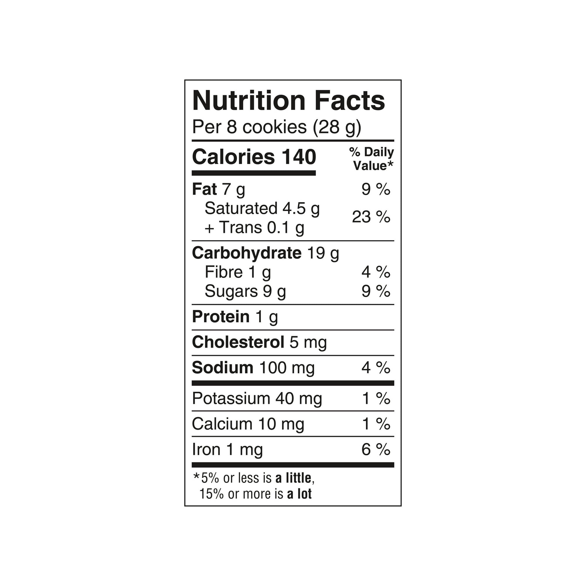 Nutrition facts label for Leclerc Celebration Chocolate Chip Mini Cookies, 200g/7.05 oz on a white background