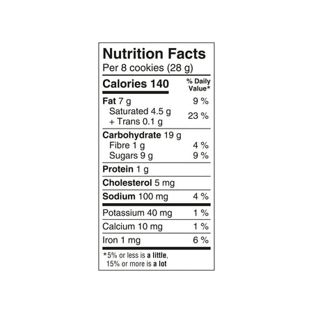 Nutrition facts label for Leclerc Celebration Chocolate Chip Mini Cookies, 200g/7.05 oz on a white background