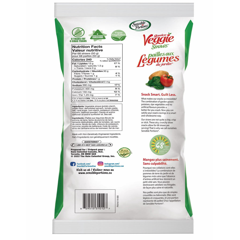 Sensible Portions Veggie Straws, Original Flavor, 425g/15 oz. Bag - Back