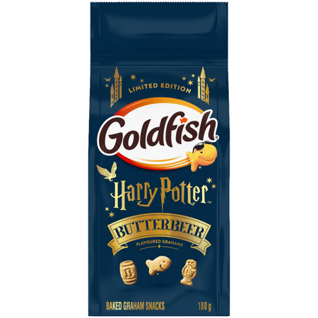 Goldfish Harry Potter Butterbeer flavored graham snacks packaging on a white background