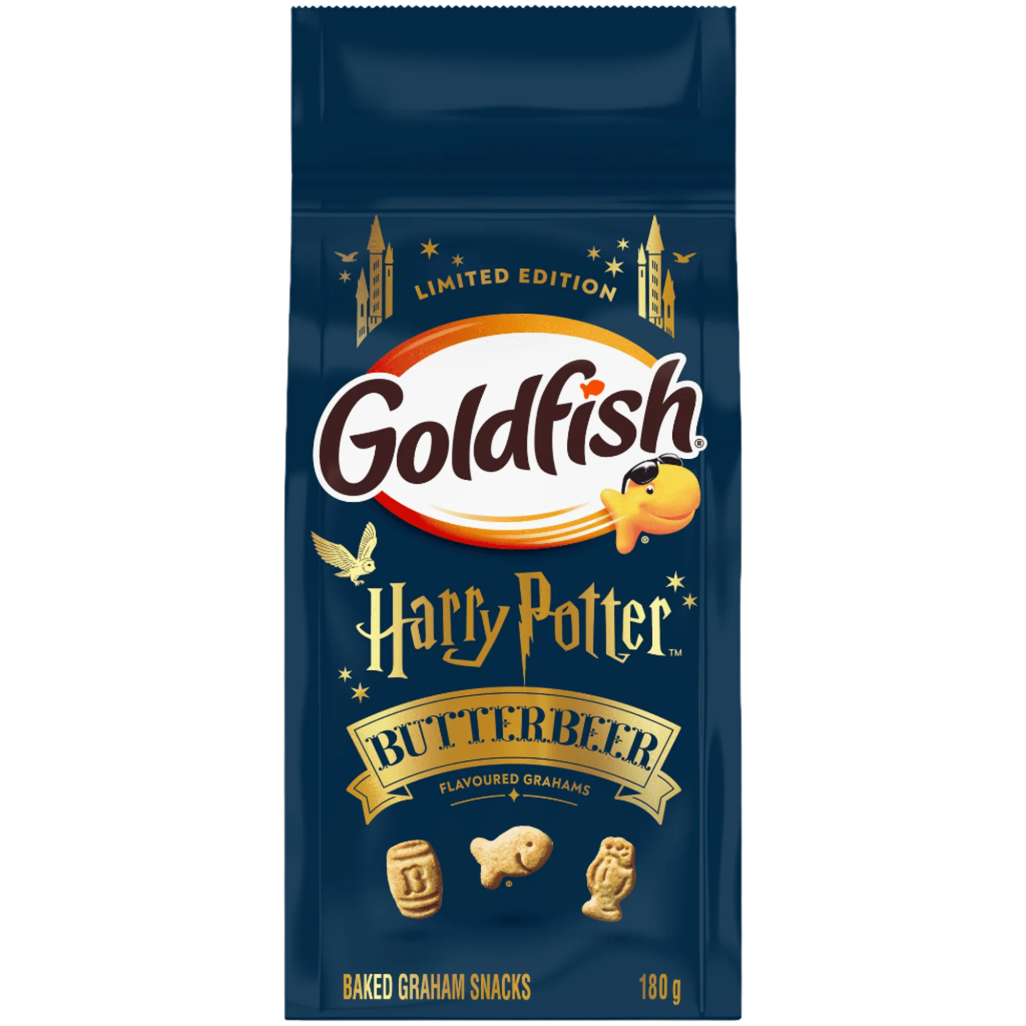 Goldfish Harry Potter Butterbeer flavored graham snacks packaging on a white background.