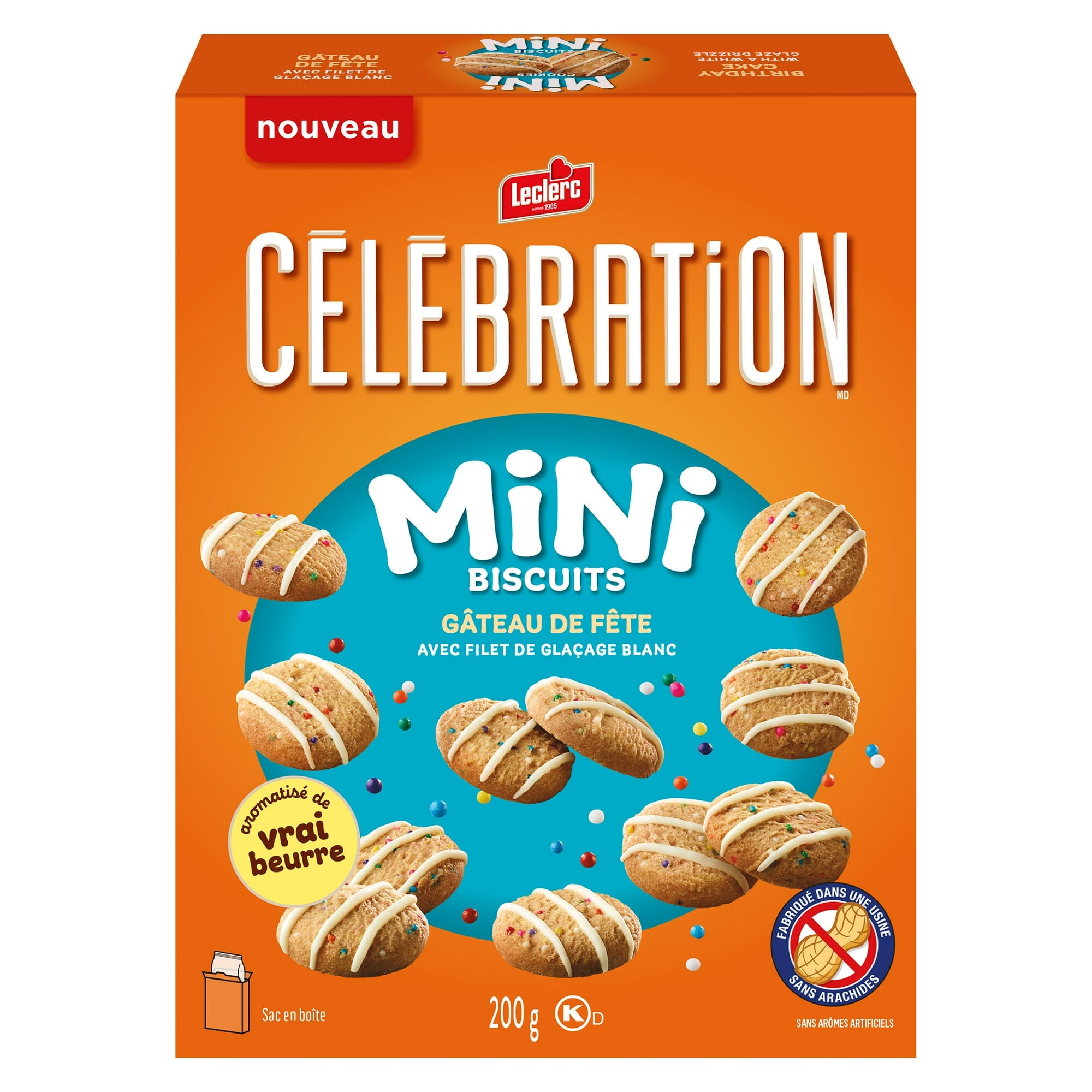 Box of Leclerc Celebration Mini Biscuits with orange and blue design