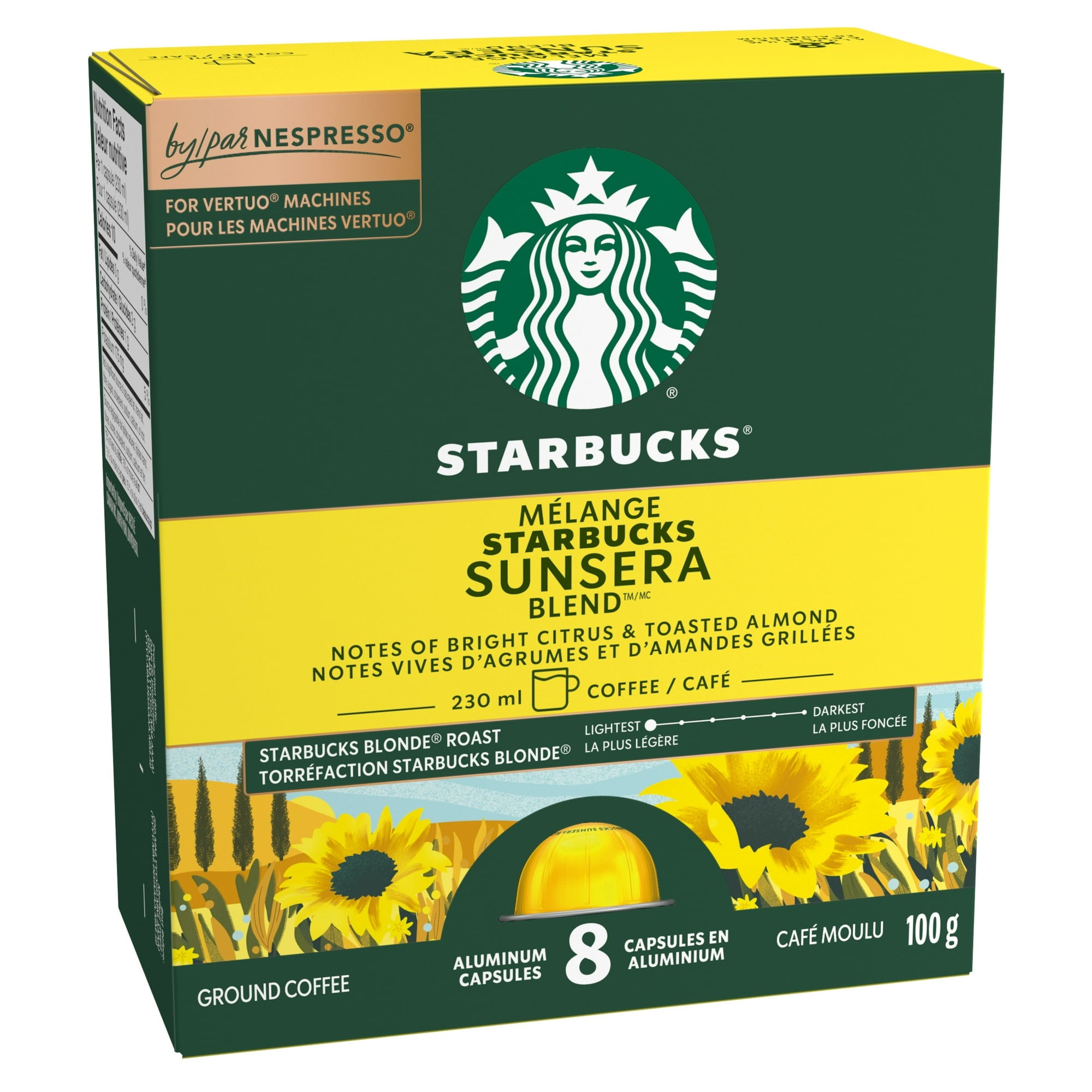 Starbucks Sunsera Blend coffee capsule box with sunflower design