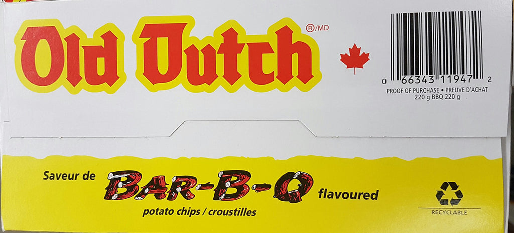 Old Dutch BBQ Barbeque Potato Chips, 220g/7.8 oz., Box (12pk) {Imported from Canada}