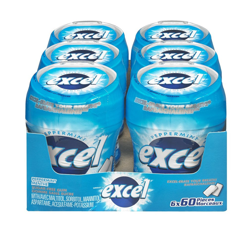 Excel Sugar-Free Gum, Peppermint, 60pc Bottle, 6 Count, {Imported from Canada}