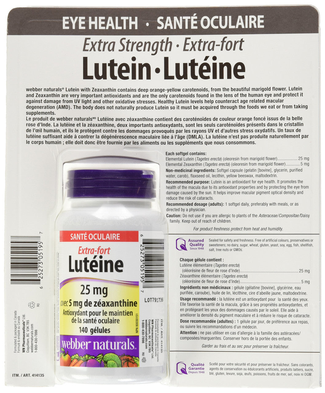 Webber Naturals Extra-Strength Lutein, 140 Softgels, 25mg, {Imported from Canada}