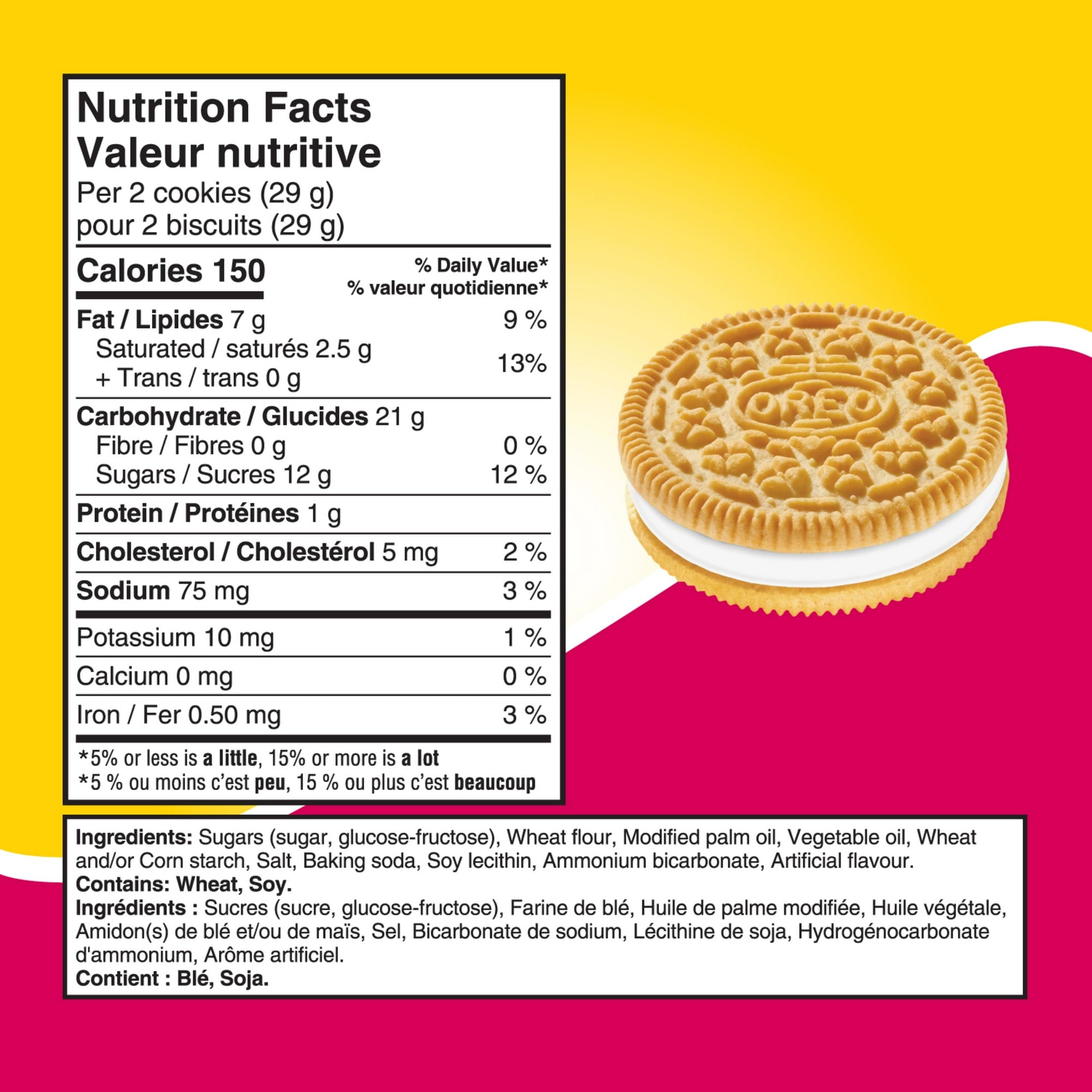 Oreo Double Stuf Golden Sandwich Cookies, 261g/9.2oz. Package, nutrition facts and ingredients label.