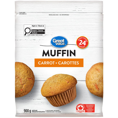 Great Value Carrot Muffin Mix, Makes 24 Muffins - 900g package with images o muffins on a white backround