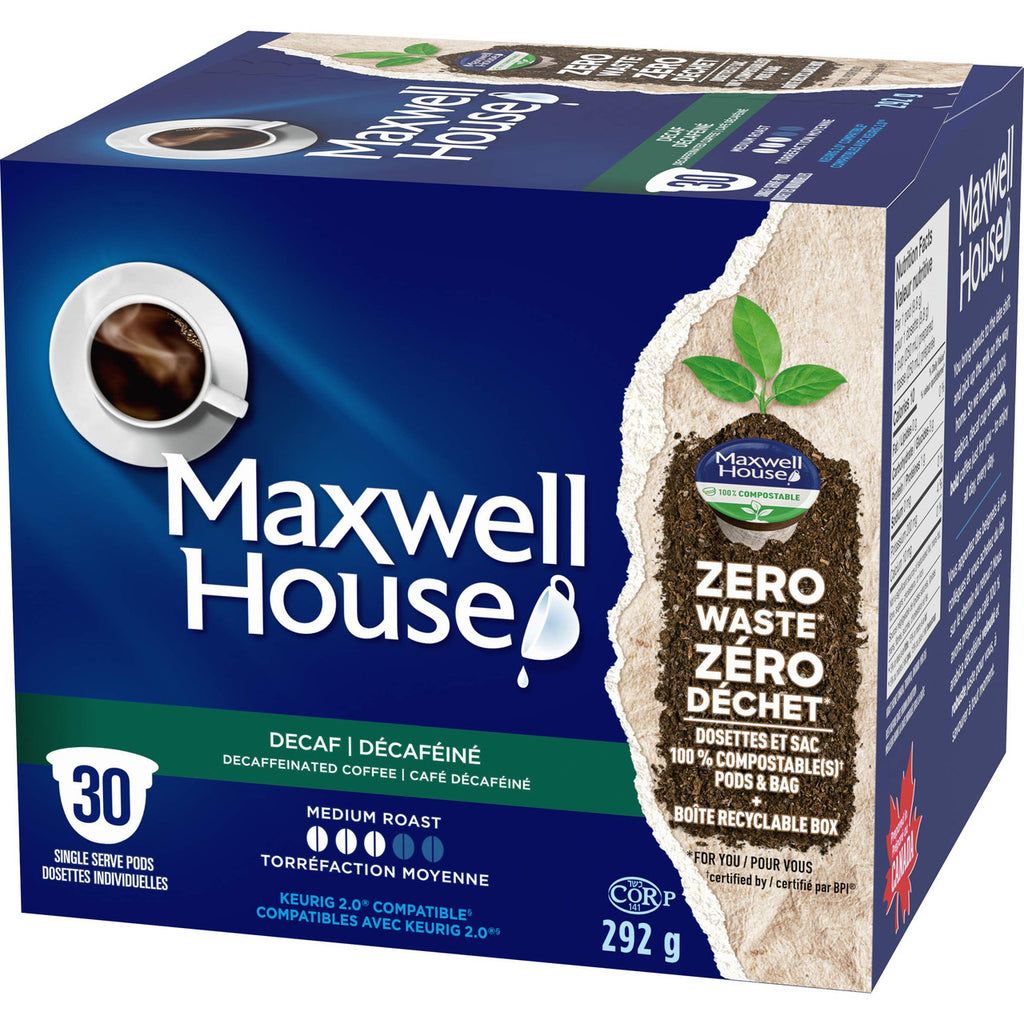 Maxwell House Decaf Coffee 100% Compostable Pods, 30 Keurig Pods, {Imported from Canada}