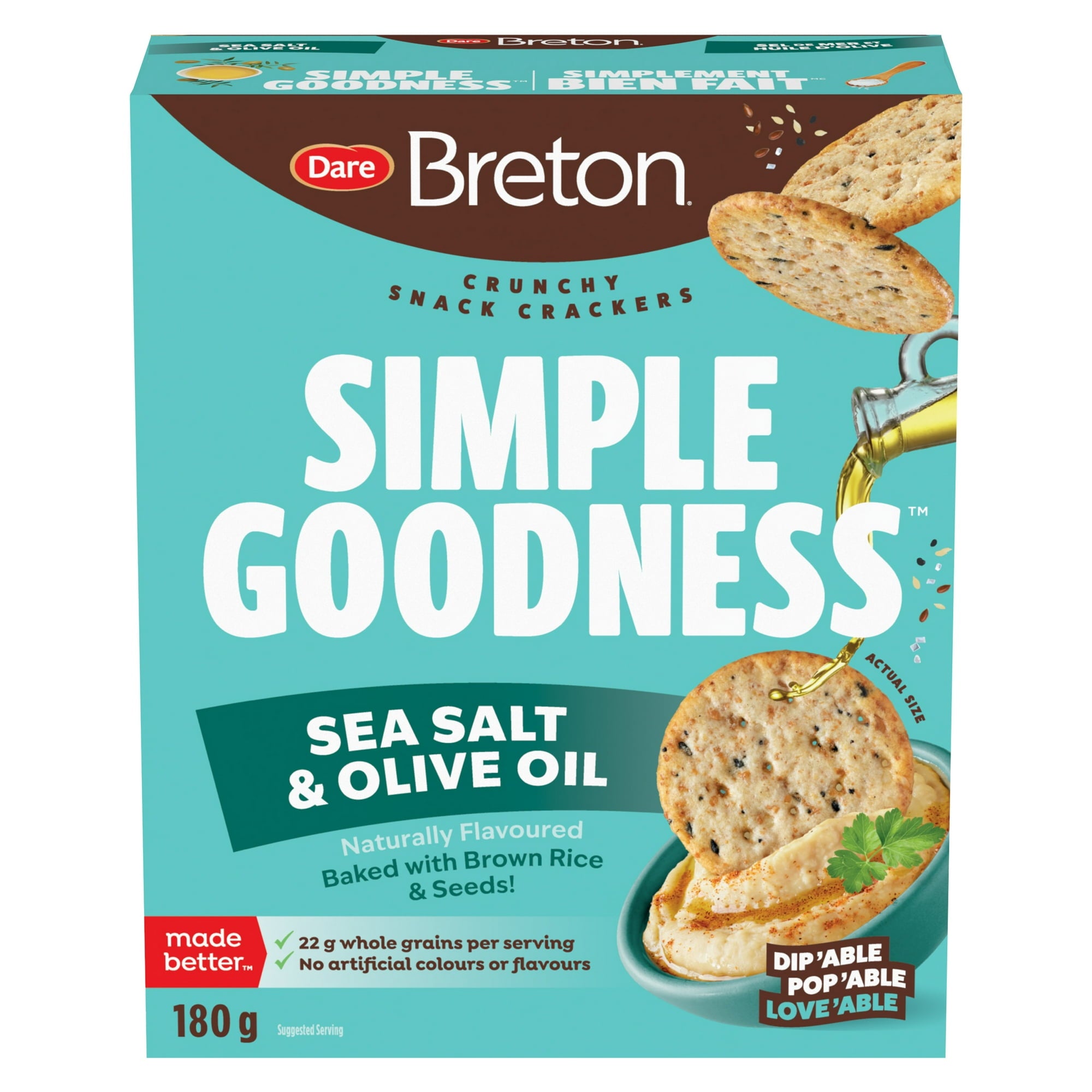 Box of Dare Breton Simple Goodness Sea Salt & Olive Oil crackers with a teal background.