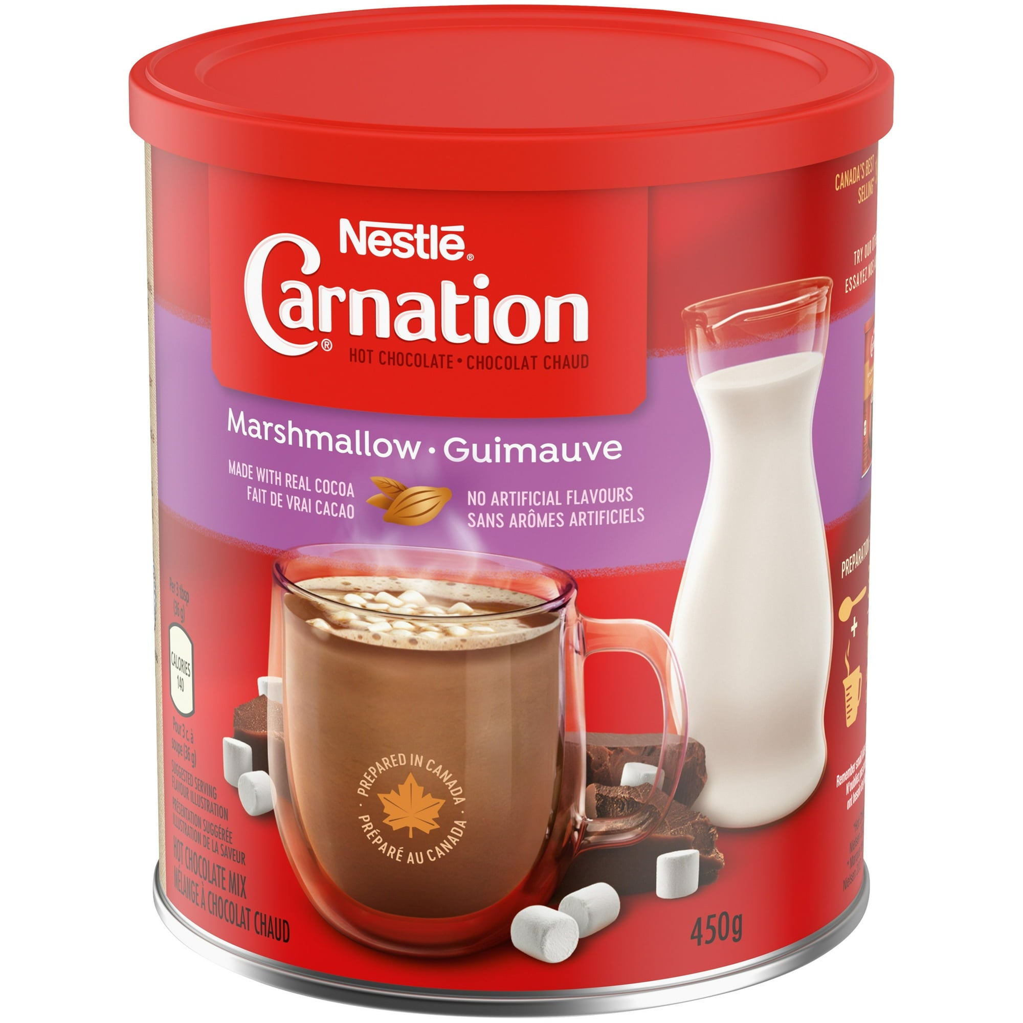 Nestle Carnation Marshmallow Hot Chocolate canister on a white background