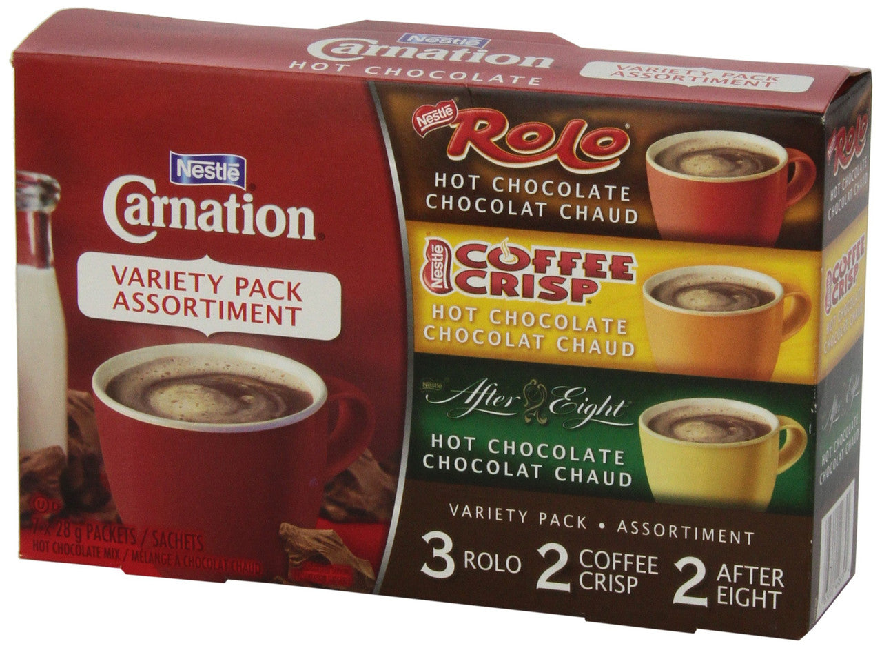 Nestle Carnation Hot Chocolate Variety Pack Turtles, Coffee Crisp, After Eight, 7-count Box, 28g Envelopes