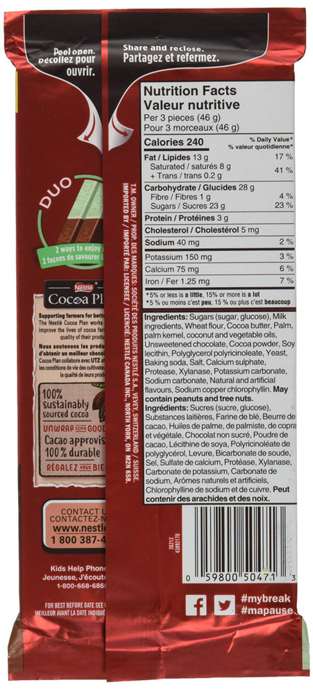 Nestle Kit Kat Mint Duo Chocolatey Wafer Bar, 170g/6 oz, (Imported from Canada)