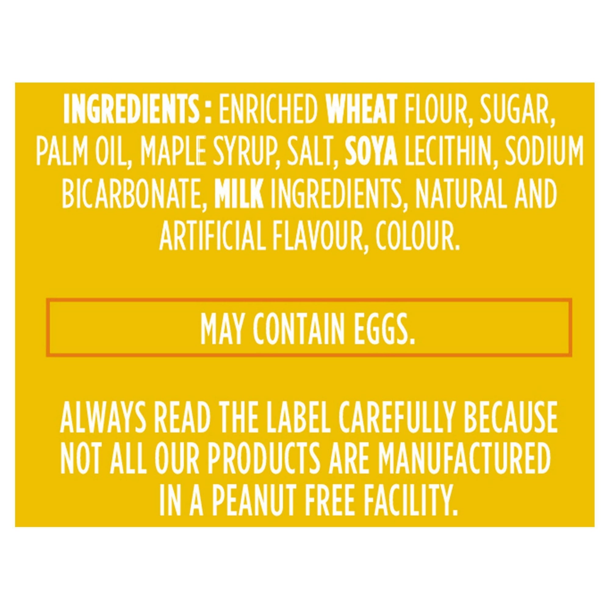 Ingredients list for Leclerc Celebration Maple Leaf Creme Cookies, 350g/12.3 oz on a yellow background