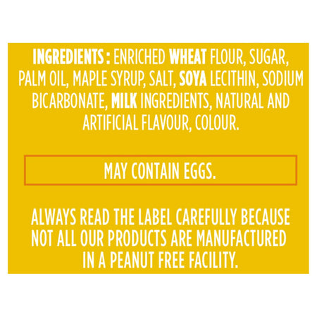 Ingredients list for Leclerc Celebration Maple Leaf Creme Cookies, 350g/12.3 oz on a yellow background