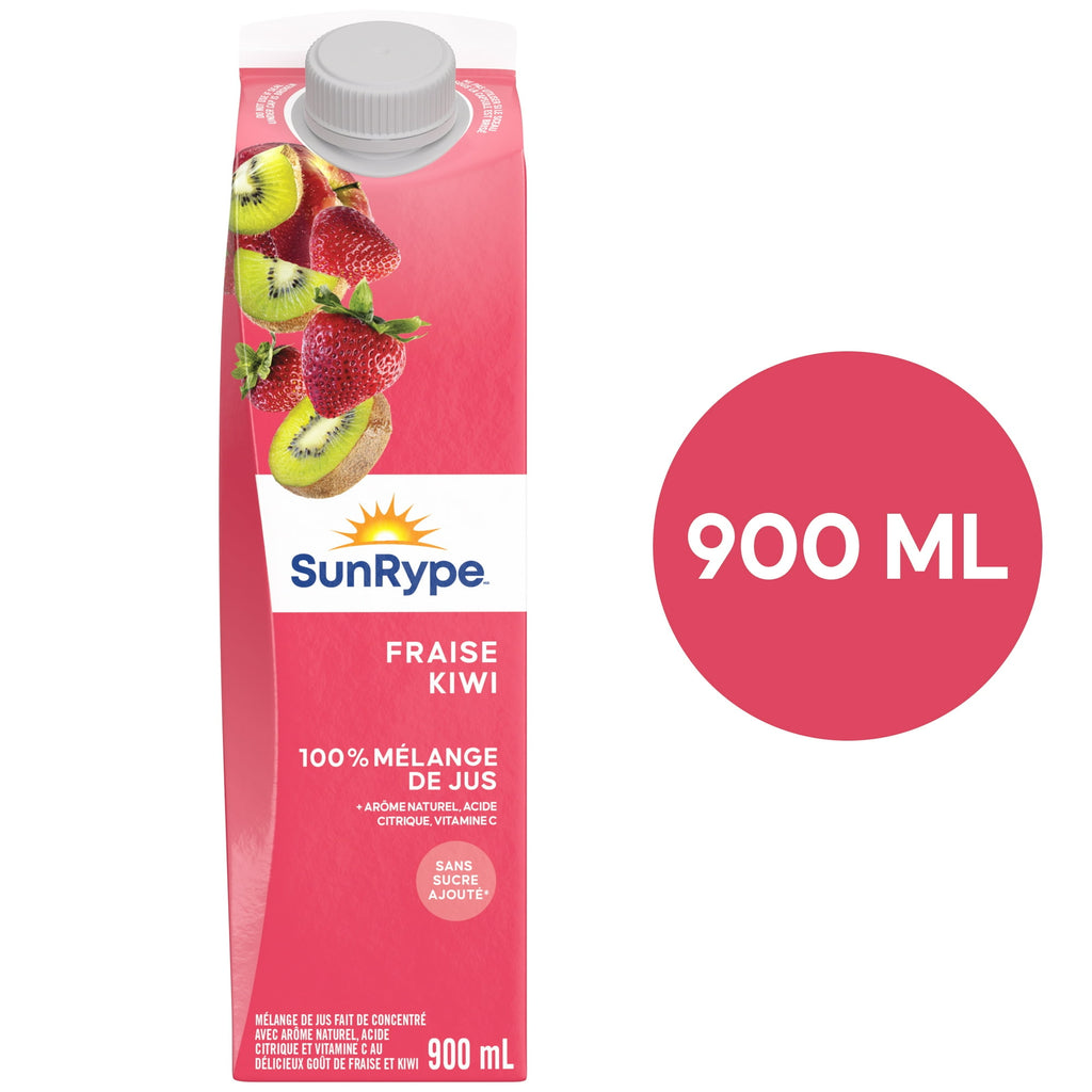 SunRype Fruit Juice, Strawberry Kiwi, 900ml/30.4 fl. oz. Carton, back of carton